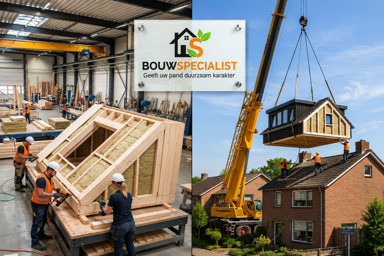 Het plaatsen en monteren van de prefab dakopbouw op locatie met behulp van een bouwkraan. Het plaatsen en monteren van de prefab dakopbouw op locatie met behulp van een bouwkraan.
