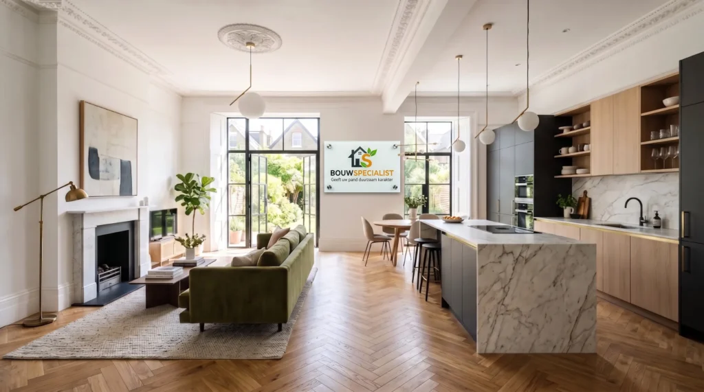 Prachtige afwerking van een gerenoveerde oude woning met visgraatvloer.