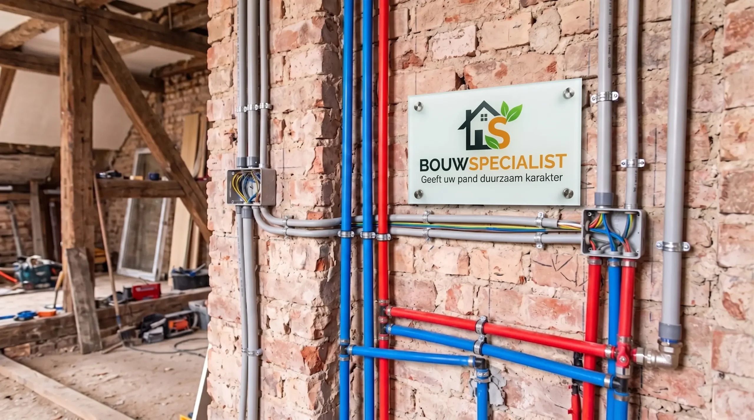 Netjes geïnstalleerde nieuwe water- en elektraleidingen in een oud pand.
