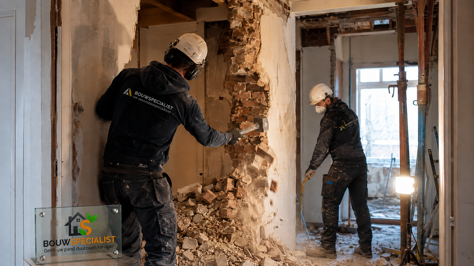 Grondig sloopwerk van muren in oud huis door Bouwspecialist team.