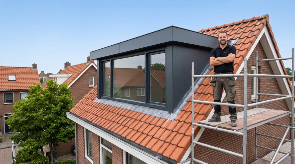 Dakdekker met Bouwspecialist helm tijdens renovatie
