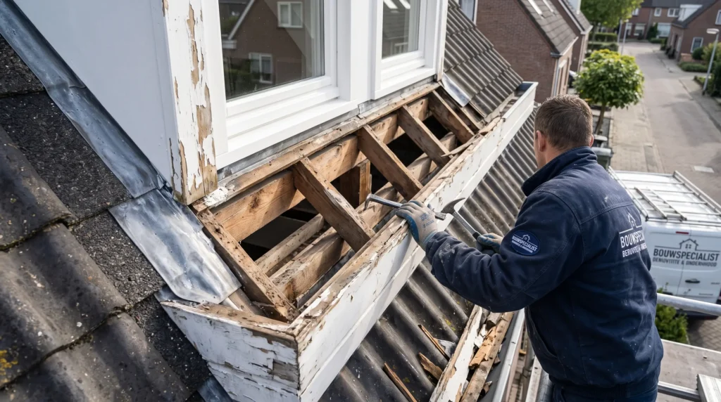 Dakkapel renovatie van bovenaf met werkbus