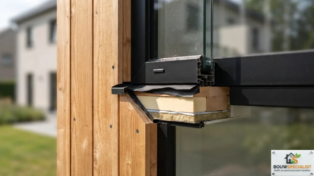 Detailfoto van duurzame houten gevelbekleding en HR+++ glas van een prefab aanbouw