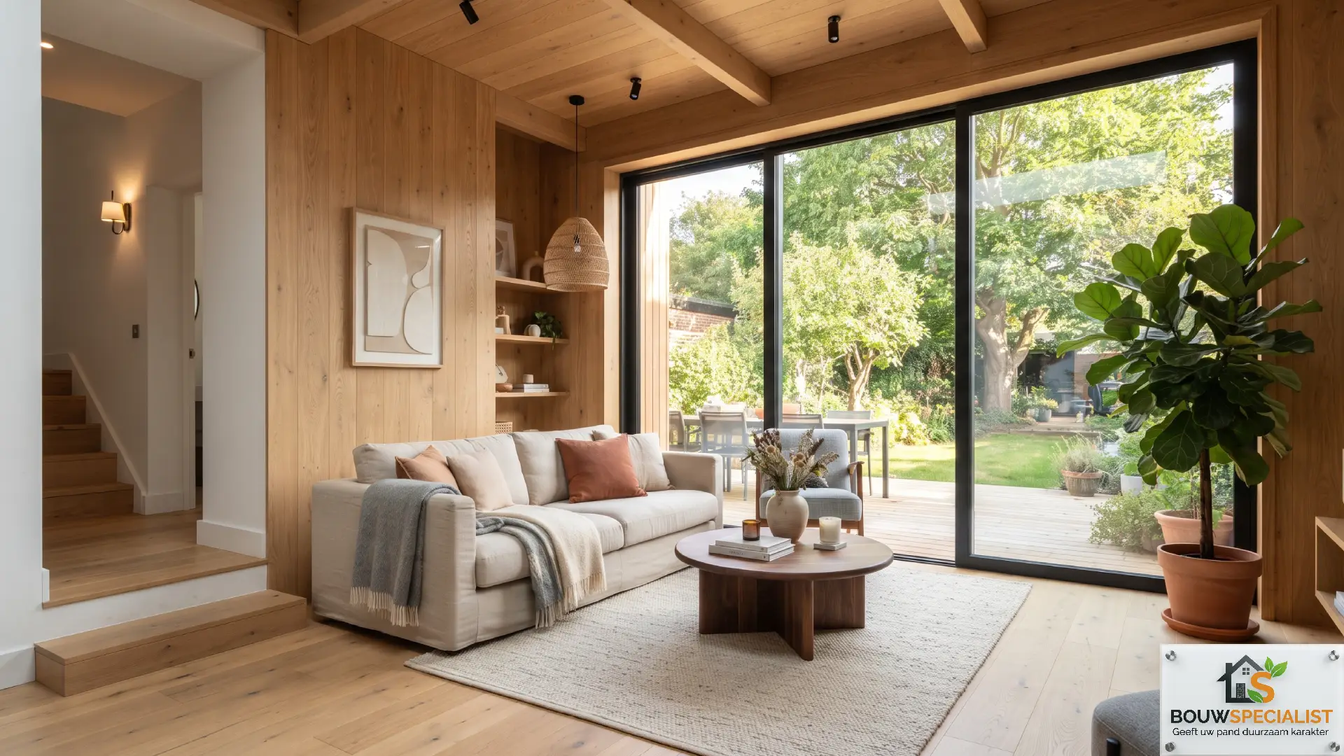 Luxe interieur van een prefab houten aanbouw met grote glazen pui