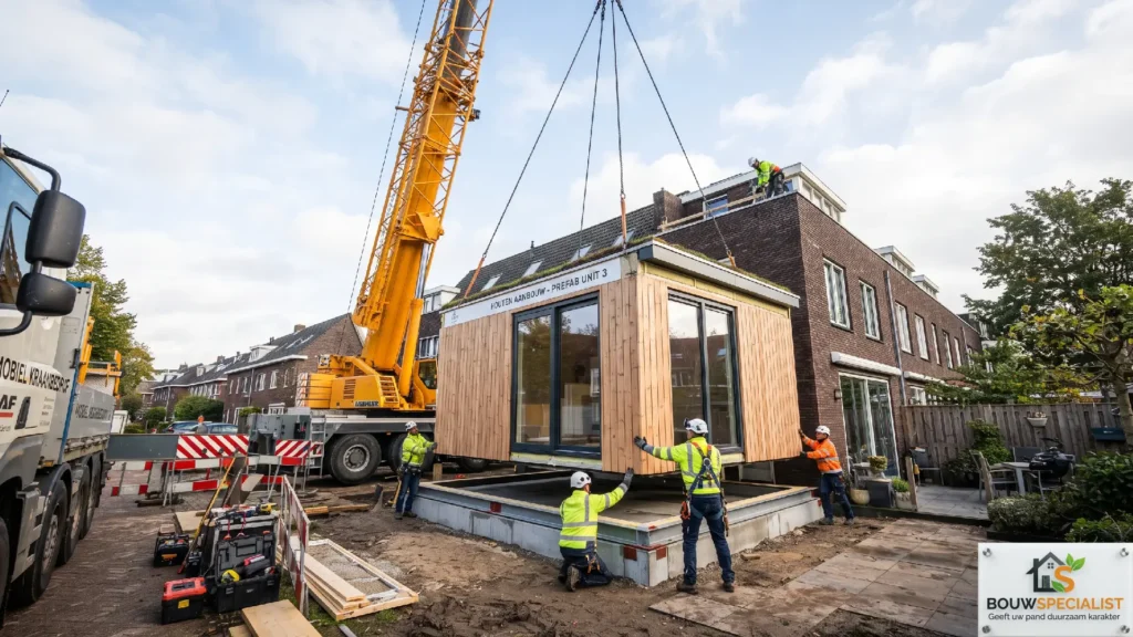 Detailfoto van duurzame houten gevelbekleding en HR+++ glas van een prefab aanbouw
