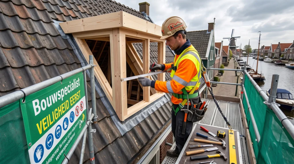 Steiger met Bouwspecialist spandoek voor dakkapel