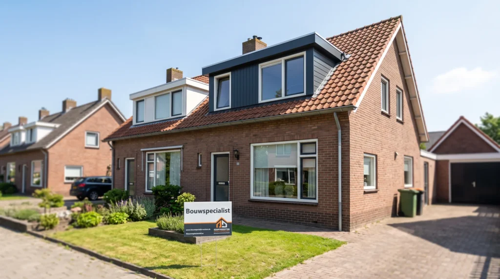 Voltooide dakkapel renovatie met Bouwspecialist bord