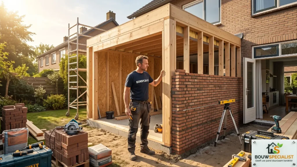 Aannemer bouwbedrijf tijdens het bouwen van een prefab aanbouw achterzijde