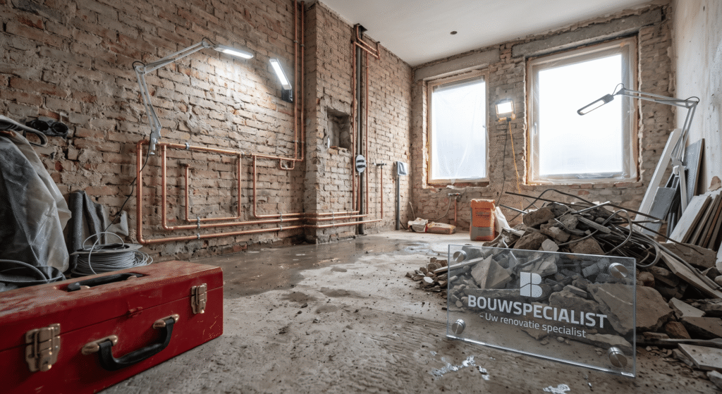 Badkamer renovatie in progress with demolition and plumbing by Bouwspecialist