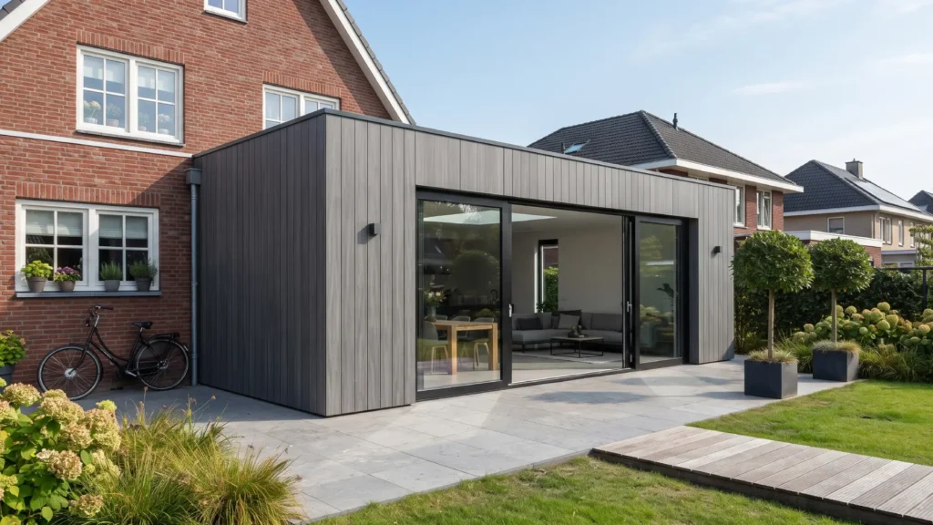 Moderne prefab aanbouw met composiet gevelbekleding en grote glazen pui
