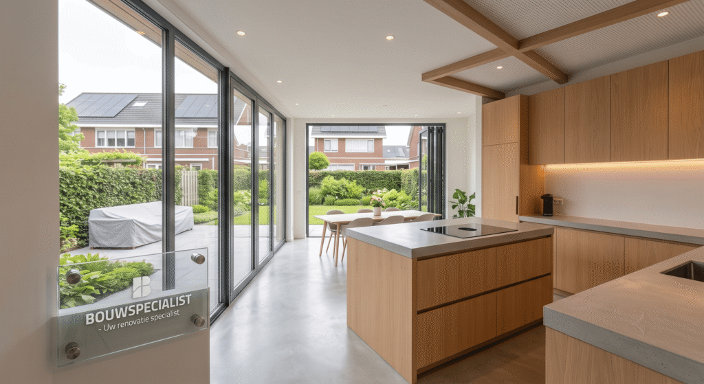 Moderne leefkeuken in prefab uitbouw