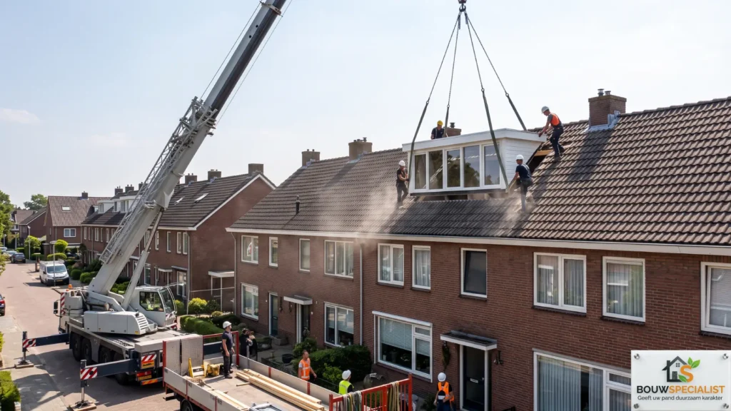 Plaatsing dakkapel met kraan op dak van woning