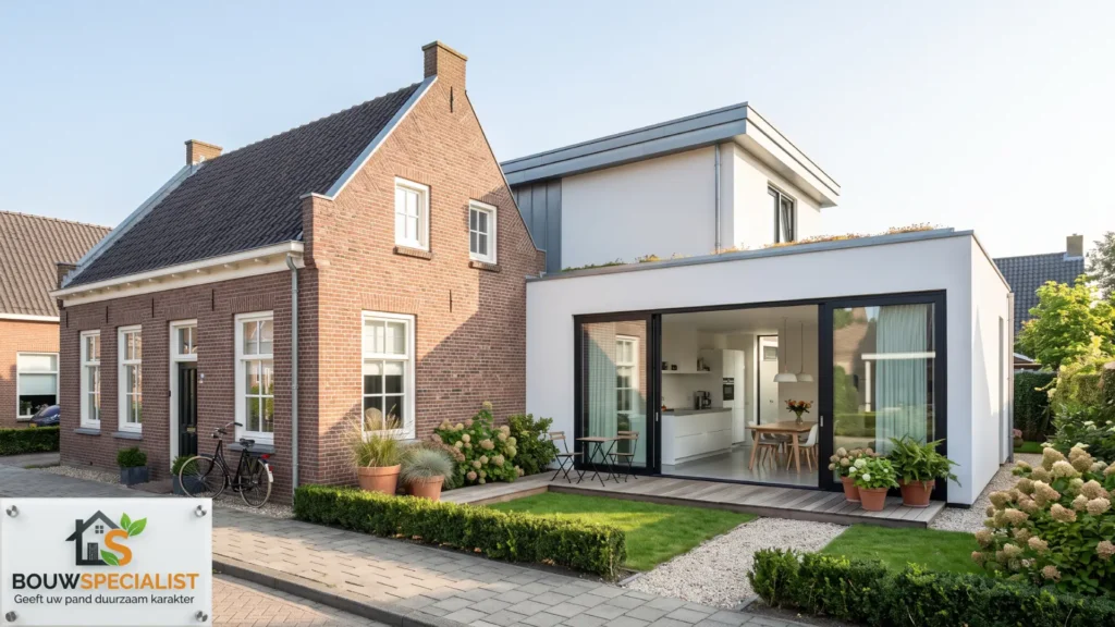 Moderne prefab aanbouw aan achterzijde van woning geplaatst