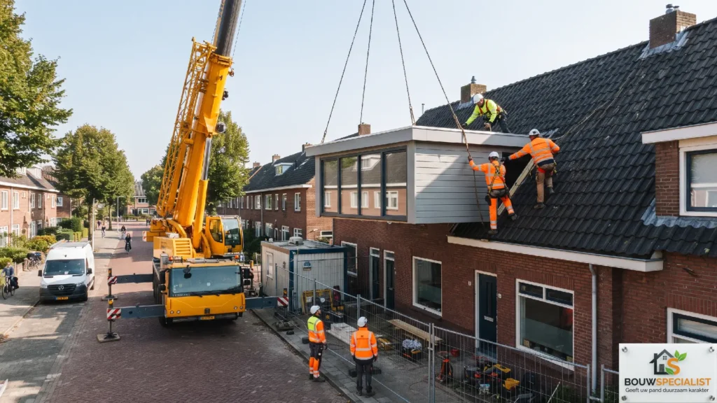 Prefab dakkapel 5 meter inclusief montage plaatsen met een bouwkraan
