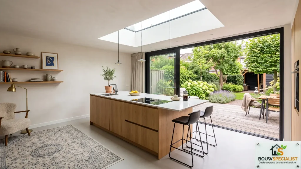 Resultaat van een woning uitbouw achterzijde met luxe keuken en lichtstraat