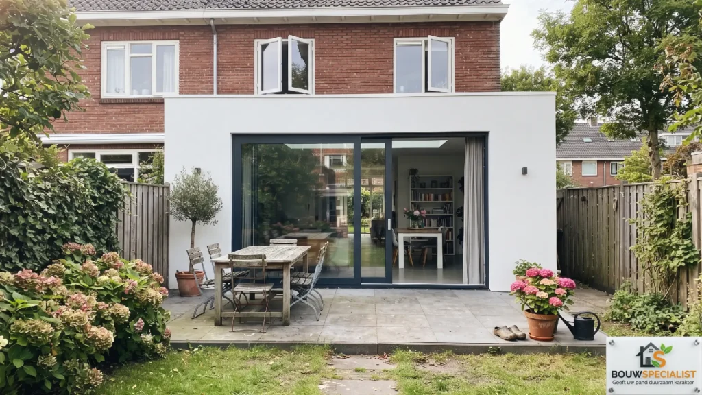 Strakke witte geprefabriceerde aanbouw met plat dak in een achtertuin