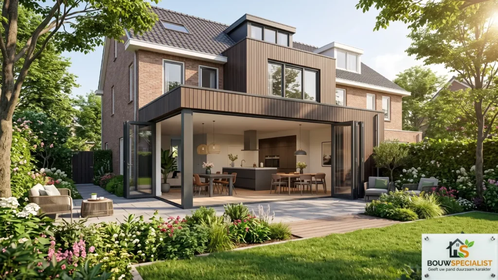 Woning uitbouw achterzijde en prefab aanbouw geplaatst