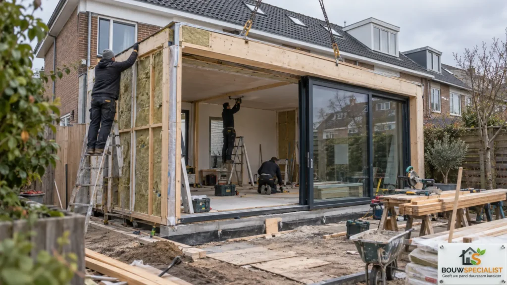Isolatie in de wanden en dakconstructie van een prefab aanbouw tijdens de bouw