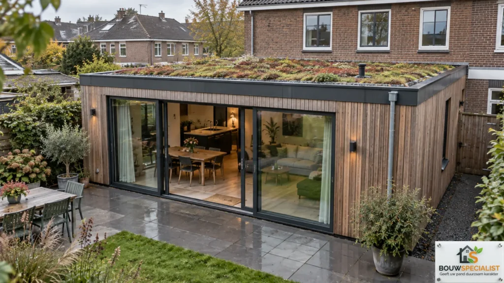 Moderne prefab aanbouw met sedum groen dak aan een Nederlandse woning