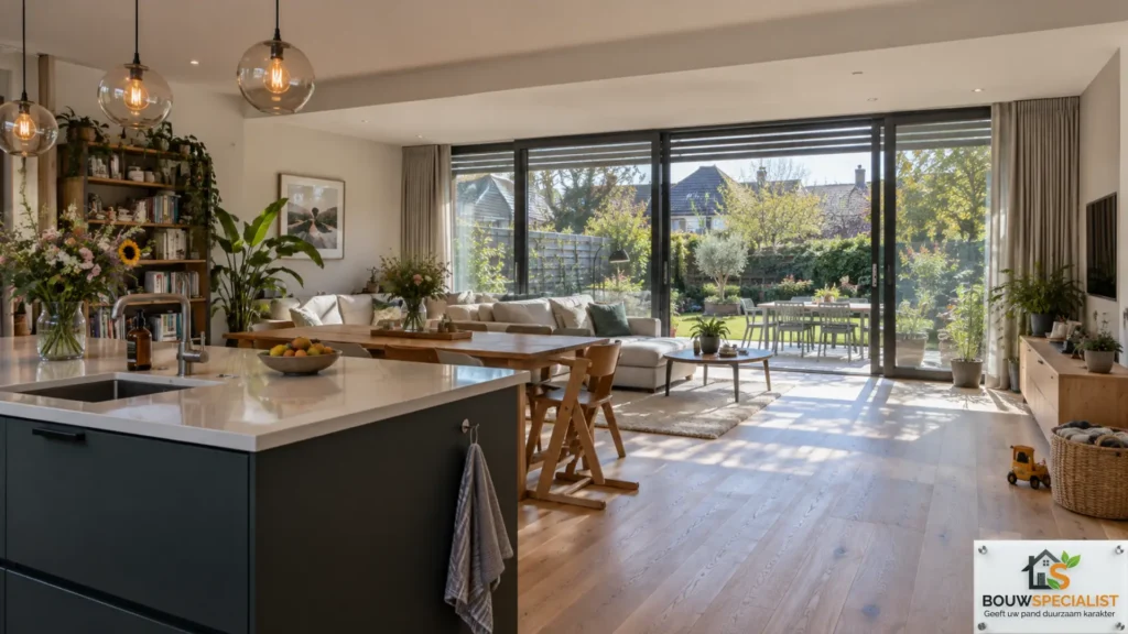 Energiezuinige prefab aanbouw met grote glazen schuifdeuren en veel natuurlijk daglicht
