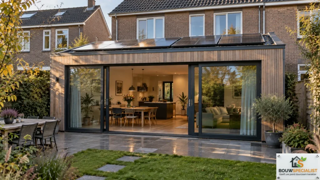 Duurzame prefab woningaanbouw met zonnepanelen op het dak en grote ramen