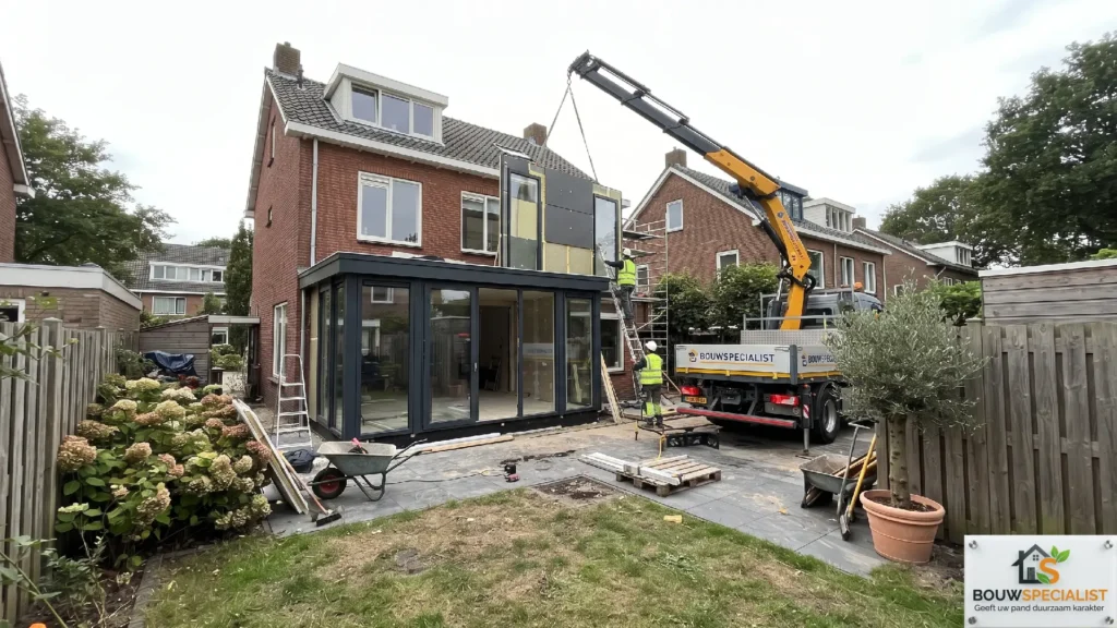Snelle plaatsing van een prefab aanbouw door Bouwspecialist in een Nederlandse achtertuin