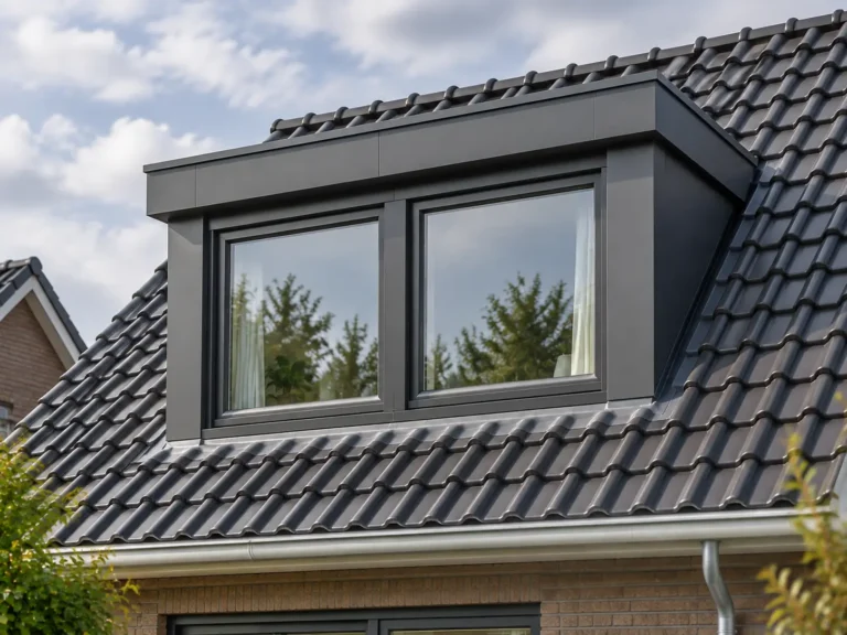 Compacte moderne dakkapel met antraciete afwerking en twee grote ramen