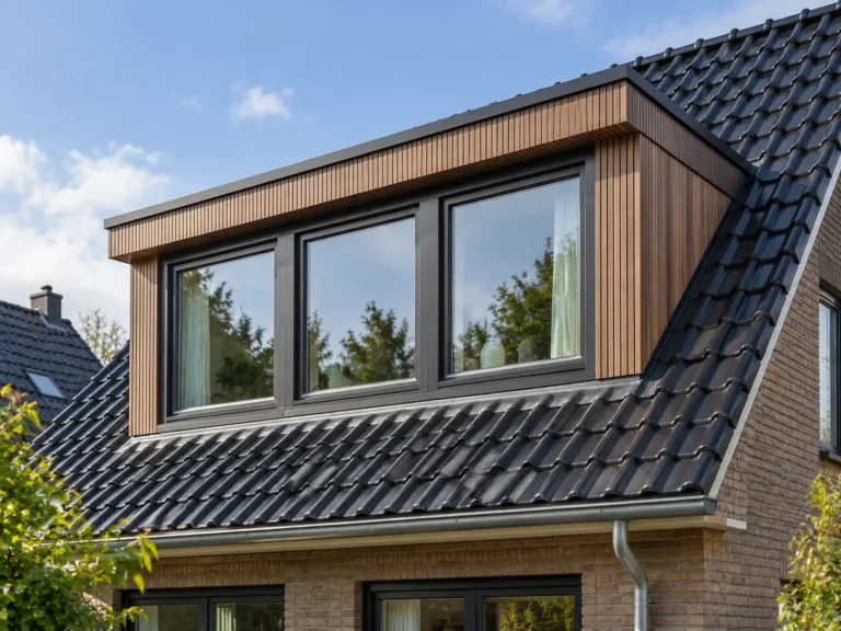 Moderne dakkapel met houtlook afwerking en antraciete kozijnen