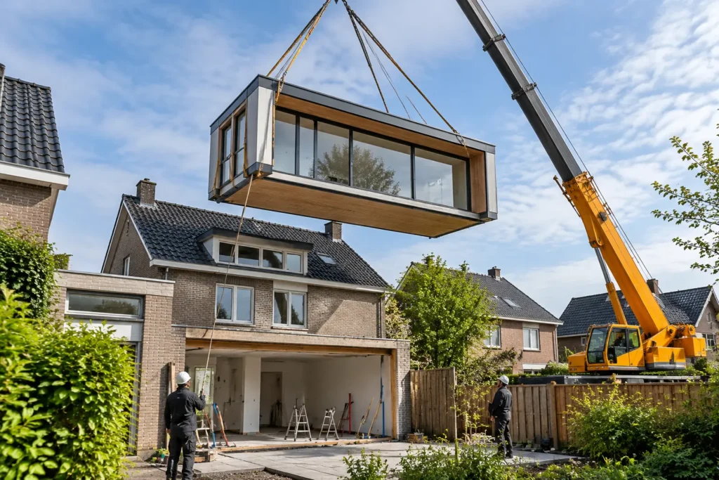 prefab aanbouw plaatsen met kraan