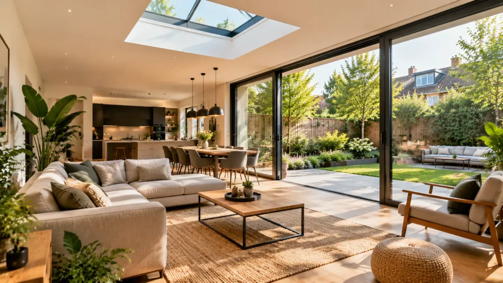 Modern interieur van een afgewerkte prefab aanbouw