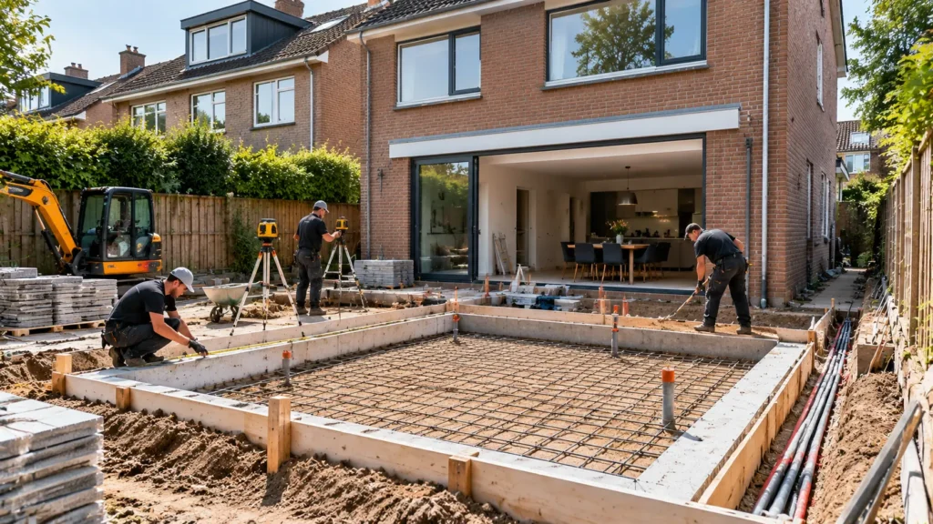 Voorbereiding van de bouwplaats voor een prefab aanbouw