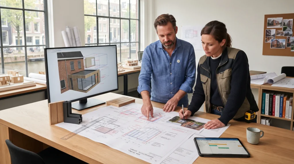Architect maakt ontwerp voor een prefab aanbouw project
