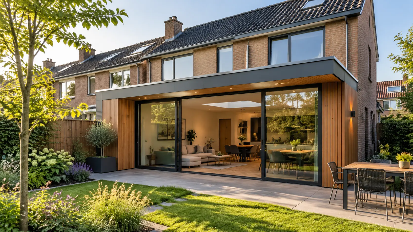 Moderne prefab aanbouw aan een Nederlandse woning