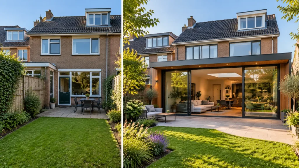 Voor en na woninguitbreiding met een moderne prefab aanbouw